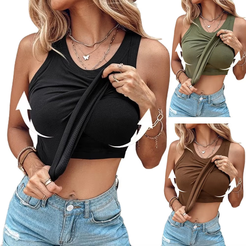 T Shirt Women 2025 Summer Bra round Neck Solid Color Sleeveless Vest Women Feel Bottom Top Women'S Tshirt Clothing TXGL507