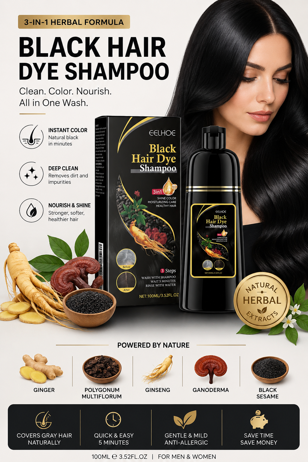 Devuélvele vida a tu cabello en minutos. Nuestra fórmula 3 en 1 limpia profundamente, ayuda a cubrir las canas y nutre cada hebra para un acabado suave, brillante y con aspecto natural. Una forma rápida y práctica de mantener un color intenso